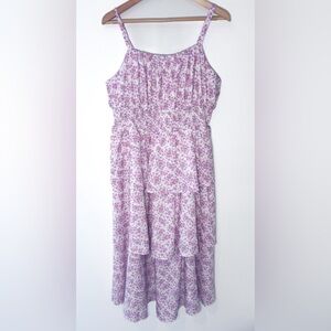 Grace Karin White Purple Floral Print Smocked Tiered Sleeveless Midi Dress 2XL